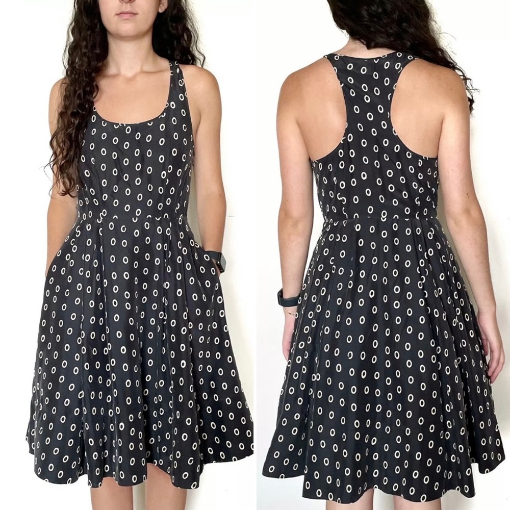 Club Monaco Black Silk Circle Print Fit & Flare Racerback Dress with Pockets